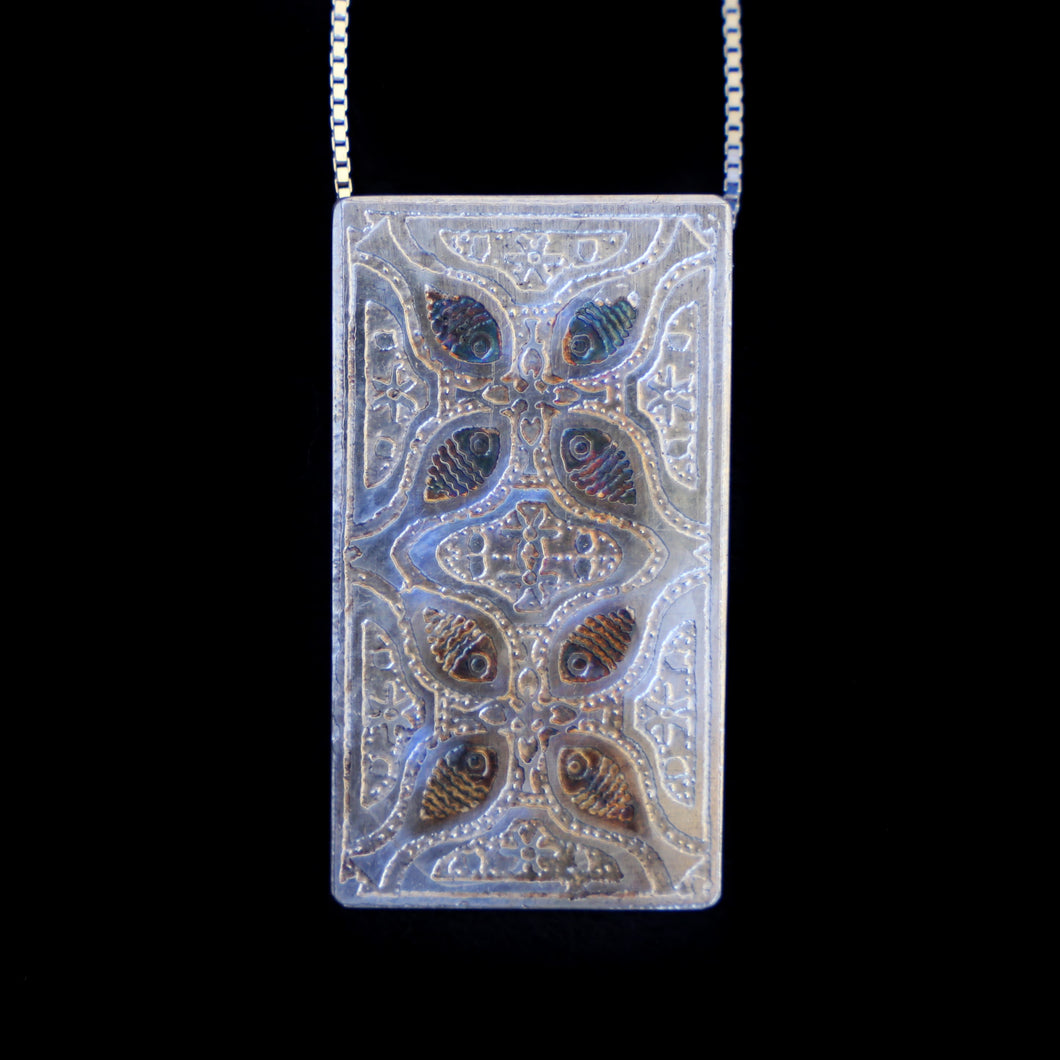 Etched Fish Rectangular Sterling Silver Pendant