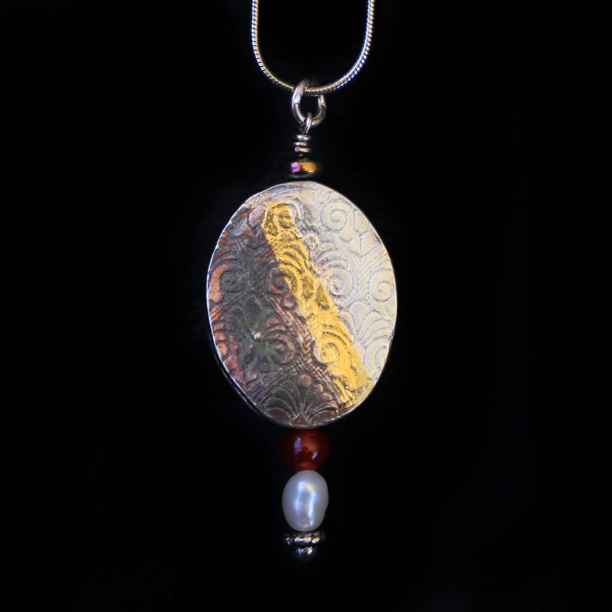 Pillow Bead Pendant With Carnelian And Pearl 2 Sided - HIMANI SILVER JEWELRY