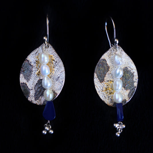 Lapis And Pearl Dangle On Peacock Feather Earrings - HIMANI SILVER JEWELRY