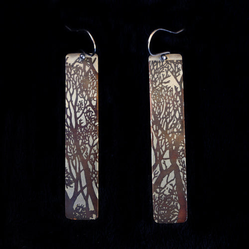 Bi Metal Pure Silver And Copper Etched Tree Earrings