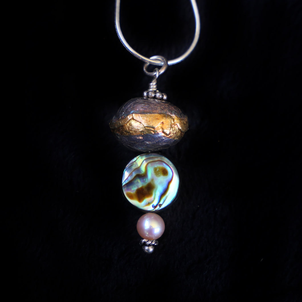 Pendant with Handcrafted Pure Silver Bead, Abalone Shell Bead, and Pink Pearl