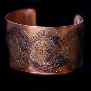 Wide Etched Copper Floral Bracelet