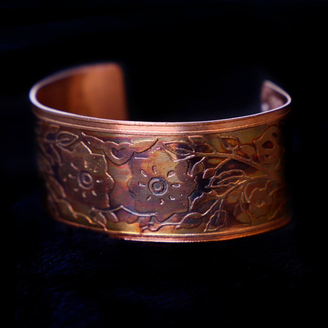 Etched Copper Indian Floral Cuff Bracelet Petite