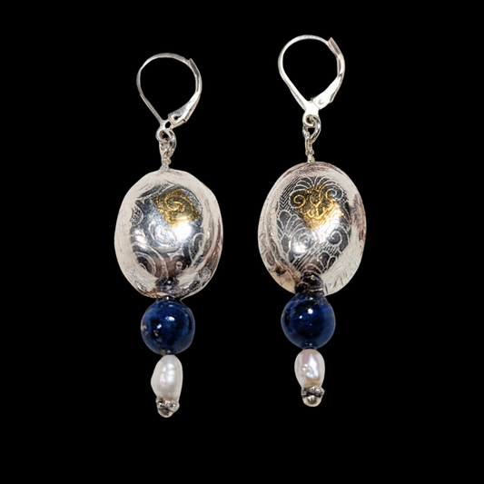 Pillow Bead Earrings with Blue Lapis and Pearl - HIMANI SILVER JEWELRY