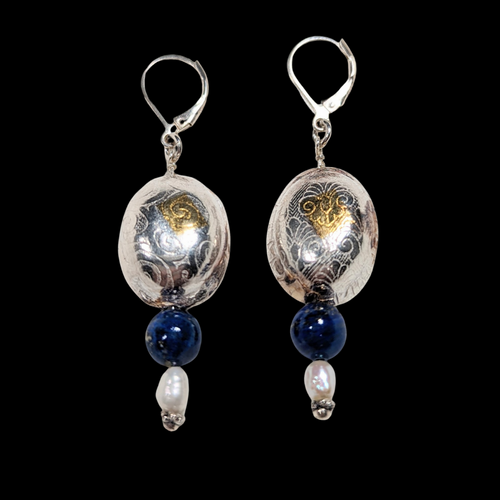 Pillow Bead Earrings with Blue Lapis and Pearl